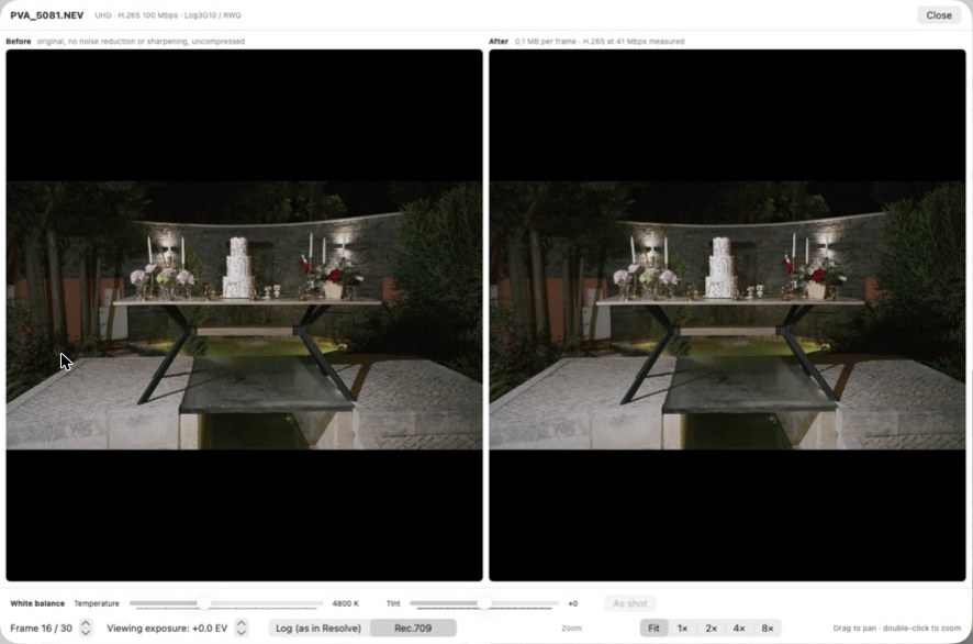 Before and after of an H.265 frame, with the measured bitrate and the white balance controls.