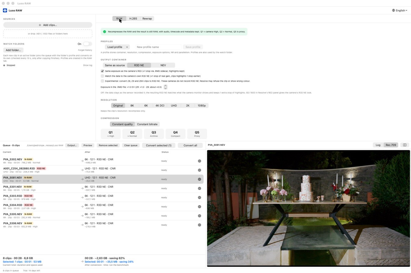 Luso RAW: a queue of Nikon ZR clips with their size after conversion, the RAW settings and a live viewer showing a wedding cake table at night.